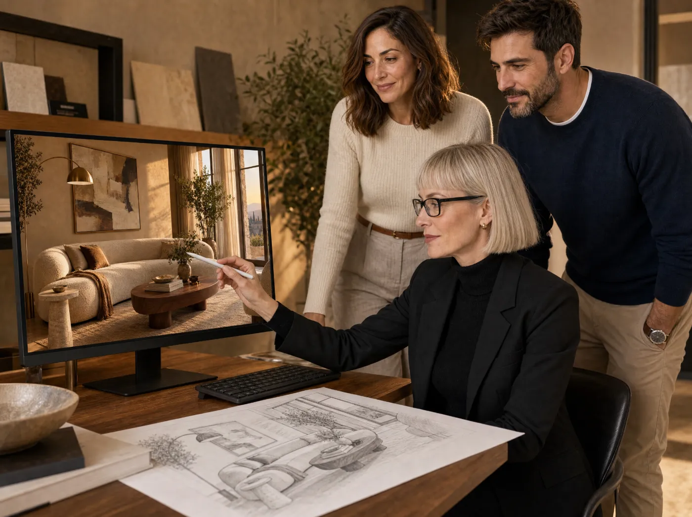 La designer presenta alla coppia il primo progetto: lo schizzo a matita e il render 3D dello stesso soggiorno