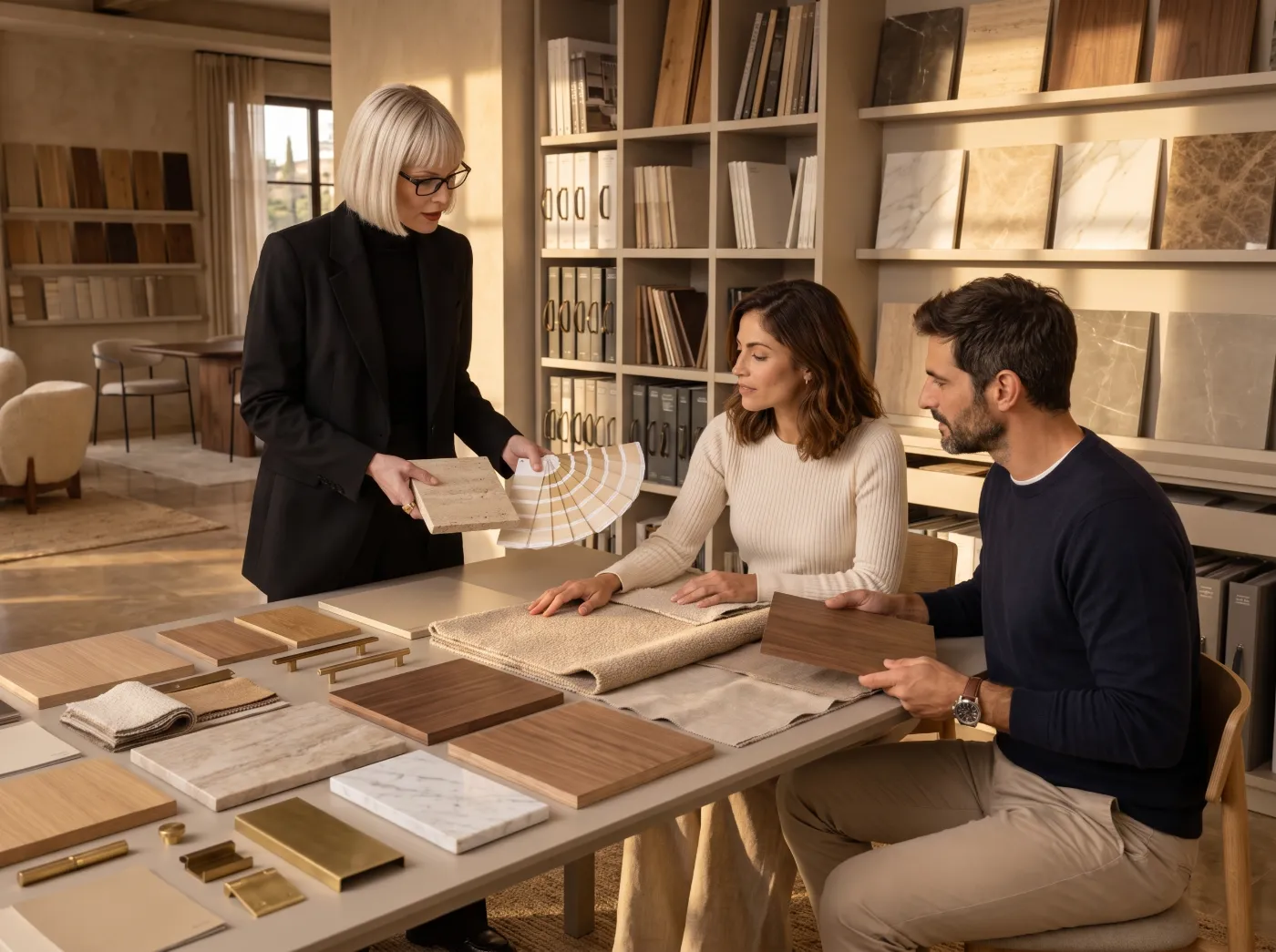 La designer guida la coppia nella scelta di legni, tessuti e finiture in materioteca